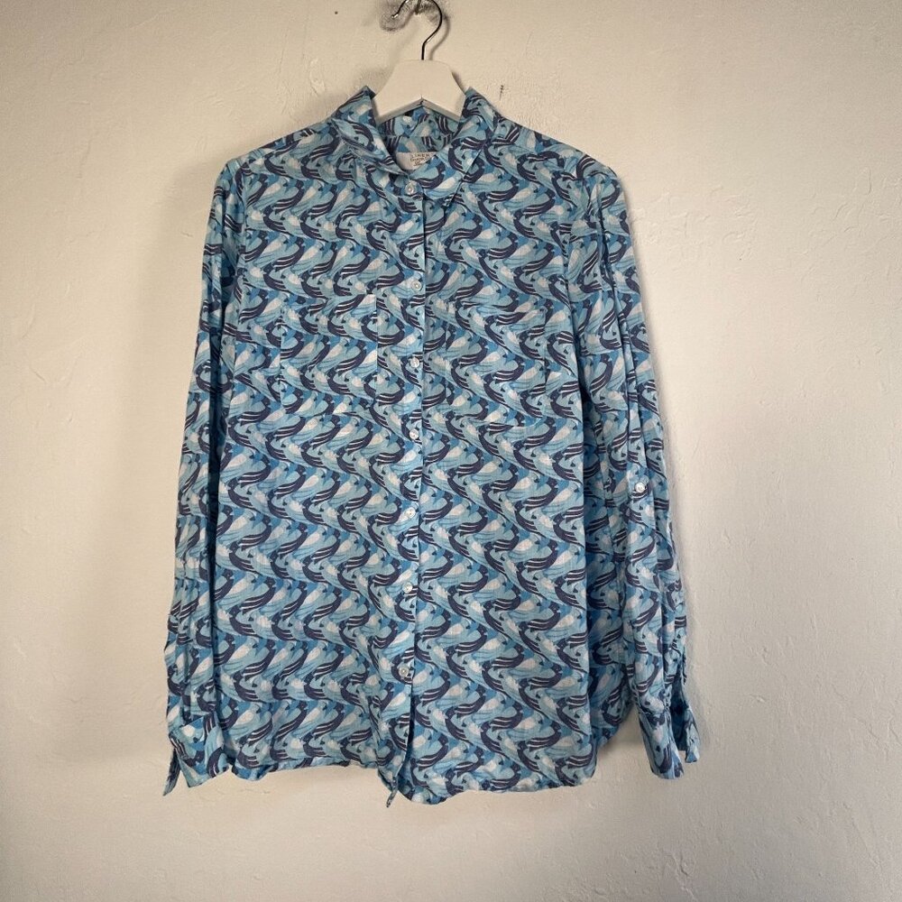 Charter Club Luxury Womens Linen Button Up Shirt Blue Wave Pattern Medium Casual